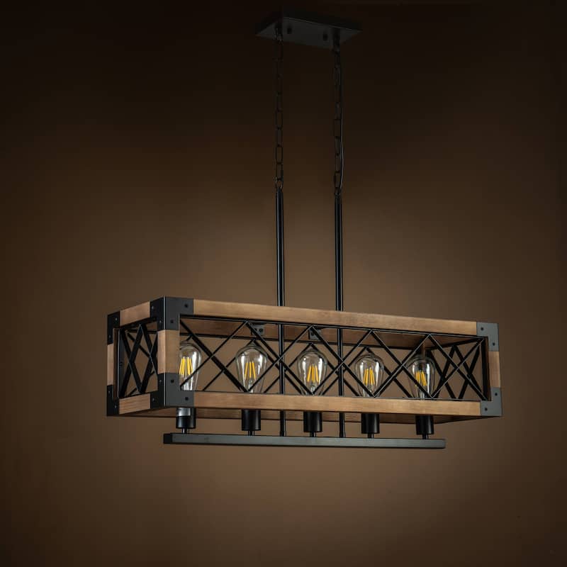 5-Light Farmhouse Square/Rectangle Kitchen Island Chandelier with Solid Wood Accent - 31.5*31.5*9.84