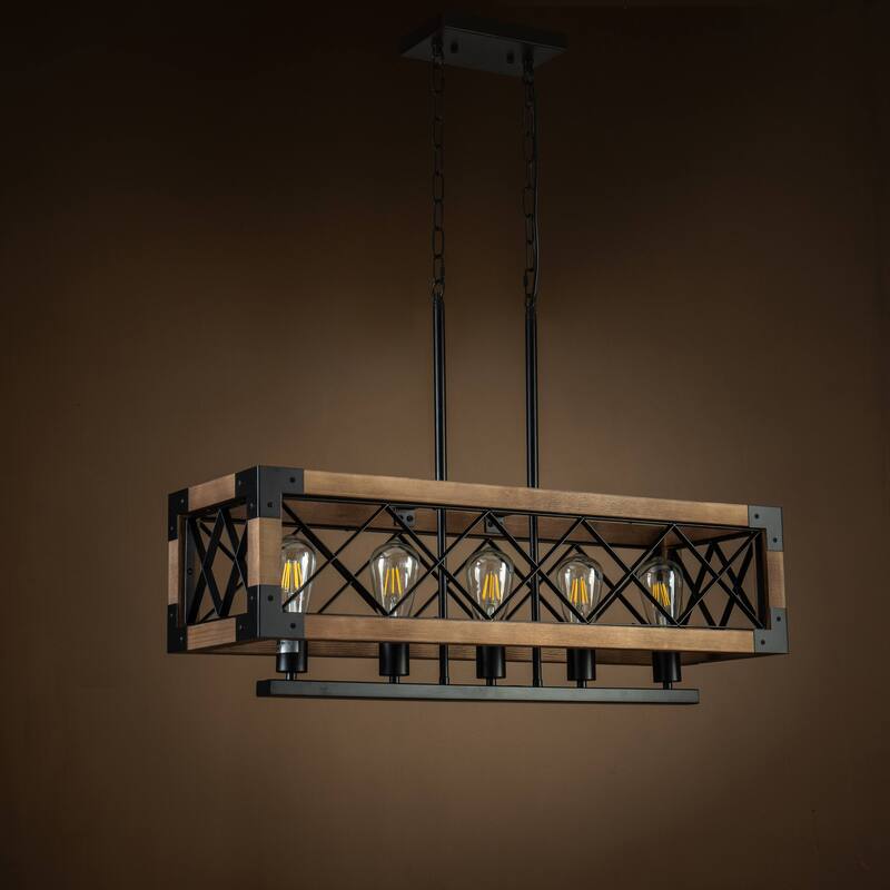 5-Light Farmhouse Square/Rectangle Kitchen Island Chandelier with Solid Wood Accent