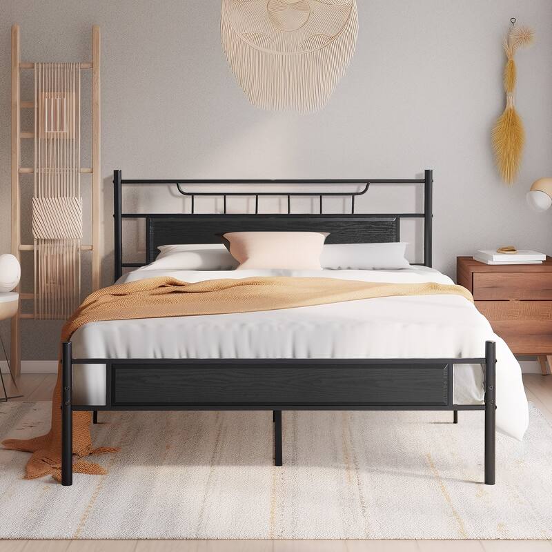 Javlergo Platform Bed Frame with Wooden Headboard Mattress Foundation/No Box Spring Needed - Black - Queen