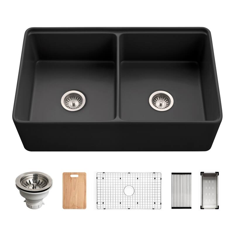 Houzer PTW-3320SD Aspire 33" Farmhouse Double Basin Fireclay Kitchen - Black