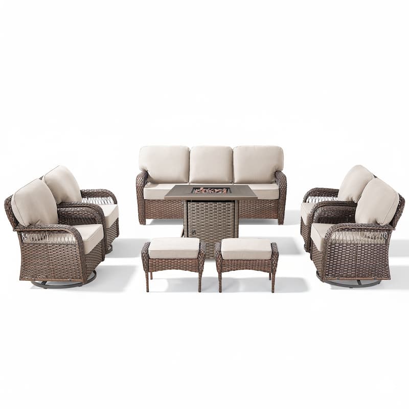 Pocassy Patio Outdoor Fire Table with Sofa Ottoman Swivel Chair Funiture Set.