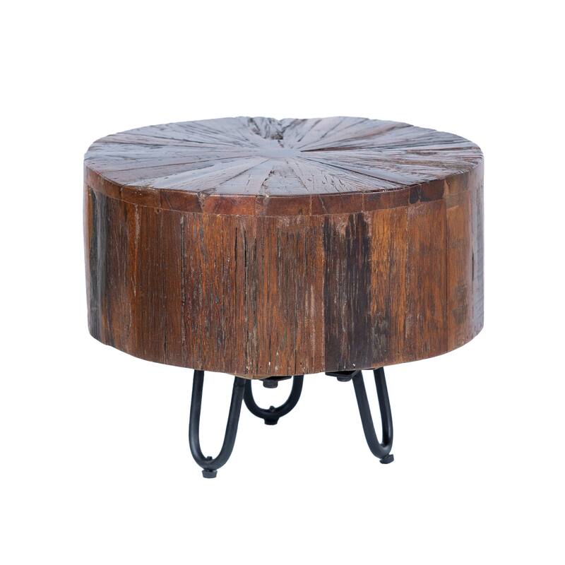 14" Round Side Table, Unique Solid Wood With Metal Hairpin Legs End Table
