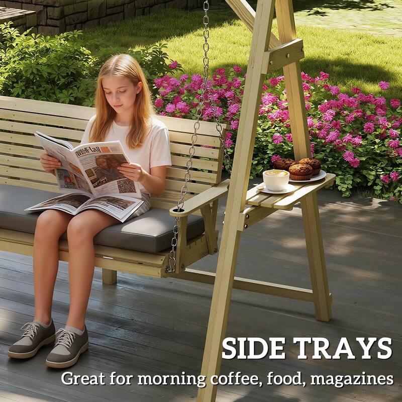 Outsunny 3 Seat Porch Swing with Stand, Wooden Patio Swing Chair with Cushion, Side Trays and Metal Chains
