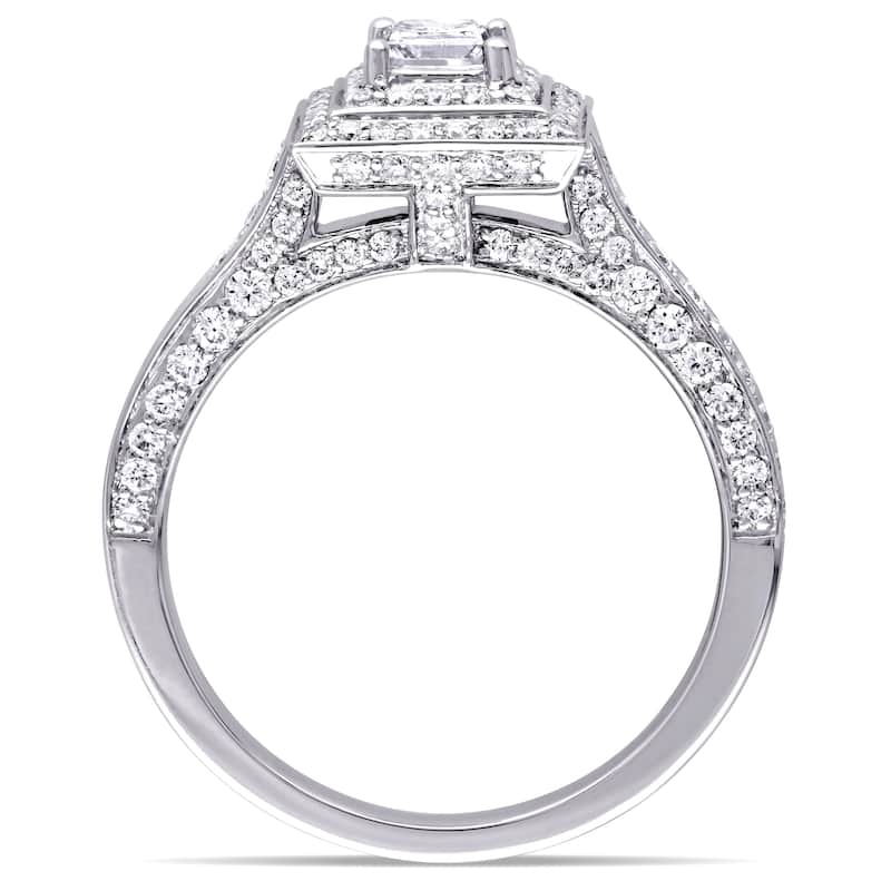 Miadora 1-1/4ct TDW Princess Round Diamond Square Halo Engagement Ring in 14k White Gold