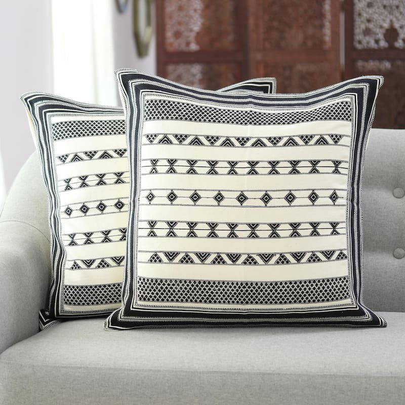 Novica Handmade Geometric Stripes Cotton Cushion Covers (Pair)