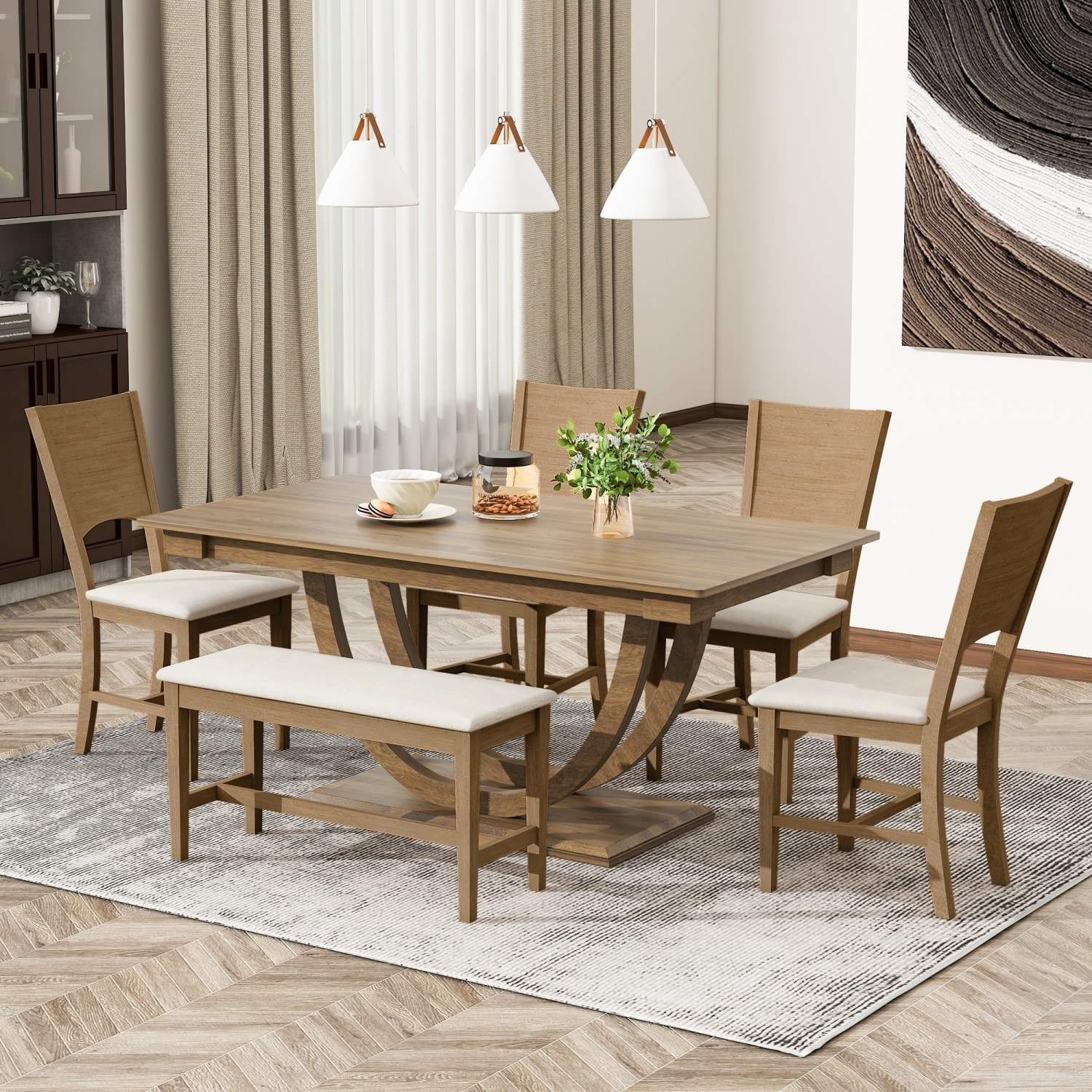 6-Piece Set, 59.1" Wood Dining Table with 4 Dining Chairs and 1 Bench