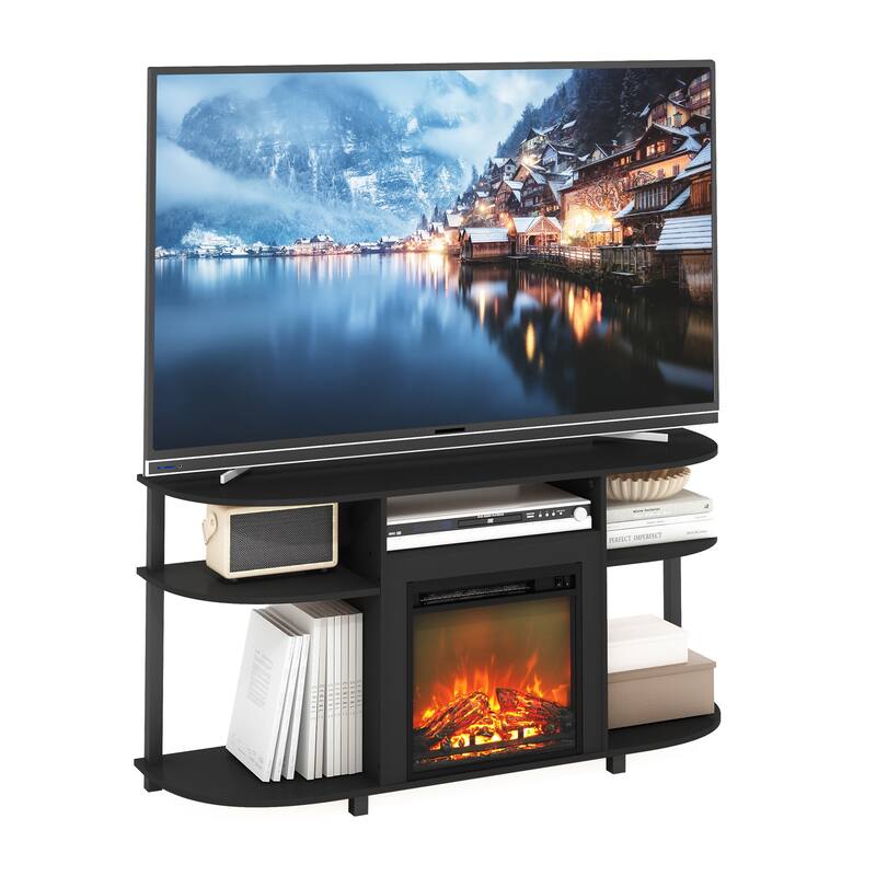 Furinno Jensen Open Storage Curved Entertainment Center Stand with Fireplace for TV up to 55 Inch