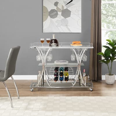 Contemporary Chrome Bar Cart with Wine Rack and 3-Tier Storage Shelves