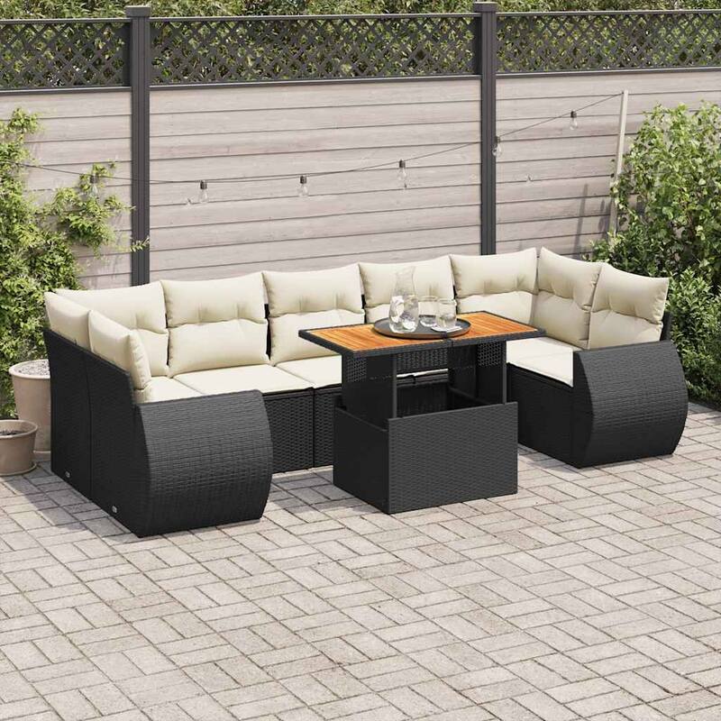 vidaXL Patio Sofa Set with Cushions Sectional Lounge Set 8 Piece Poly Rattan - 21.7 x 39.4 x 28.7 - Black and cream with storage