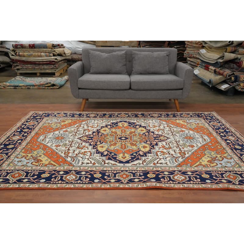 Hand Knotted Oriental 100% Wool Carpet Traditional Medallion Beige & Ivories Heriz (serapi) Area Rug - 8' 4'' X 6' 0''