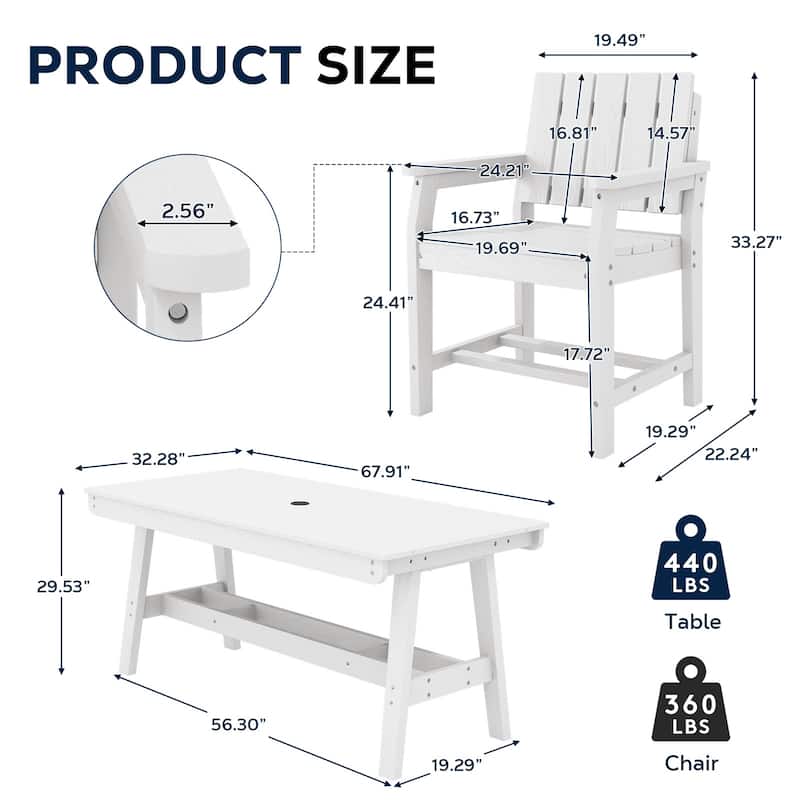 HDPE Patio Dining Set with Rectangular 67.91in W Table with Umbrella Hole and 4 Chairs - N/A