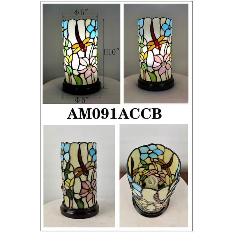 Tiffany Style Accent Lamp 10" Tall Stained Glass White Dragonfly Floral Living Room Bedroom Gift Amora Lighting