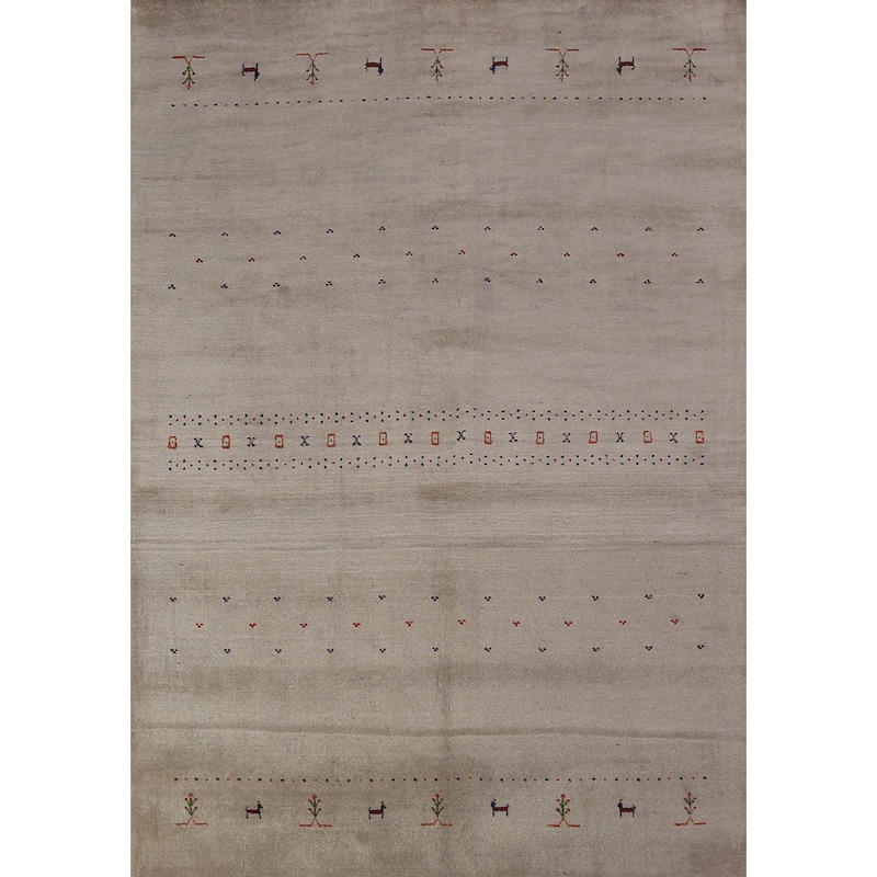 Tribal Gabbeh Area Rug Hand-Knotted Beige Wool Carpet - 5'8" x 7'9"