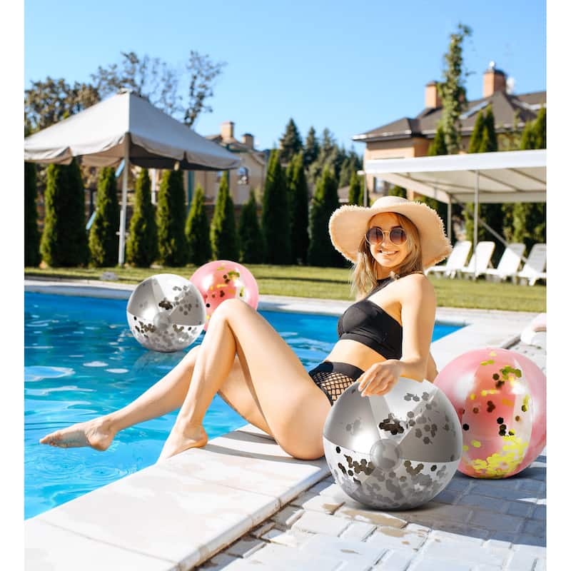 Mozlly Bundle of Silver And Rose Gold Inflatable Beach Balls - 16 Inch - 16 inches