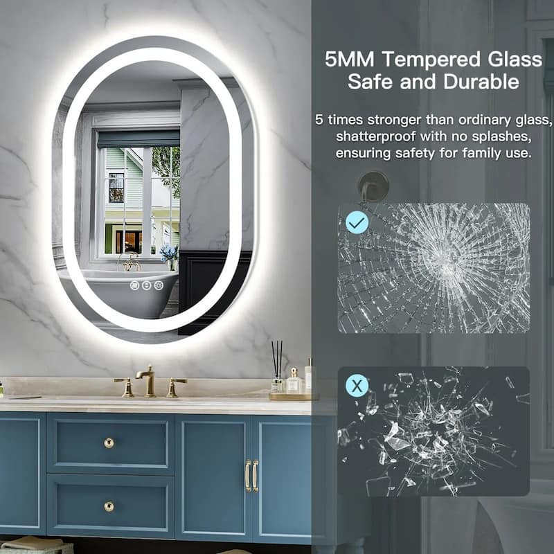 Oval Front & Back LED Lighted Anti-fog Tempered Glass Wall Bathroom Vanity Mirror, ETL Certified, 3-Year Warranty