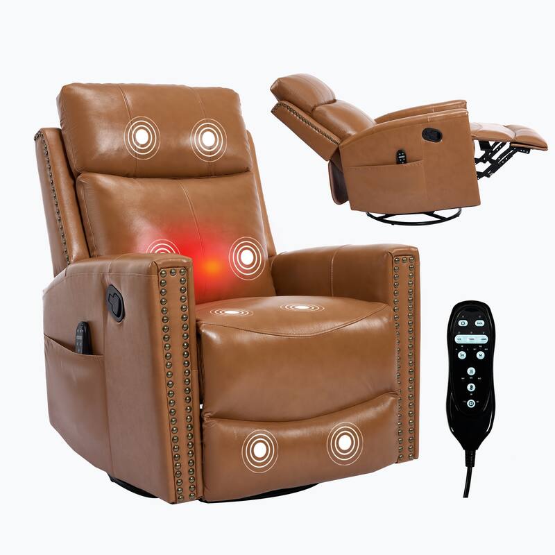 Roomfitters Genuine Leather Swivel Rocker Recliner, Manual Massage Glider with Heat and Top Grain Cowhide, Living Room