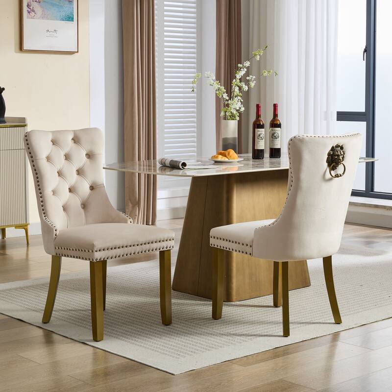 2-Piece Modern Chairs with Lion Head Pull Ring,High-end Tufted Solid Wood Contemporary Velvet Upholstered Dining Chair - Beige