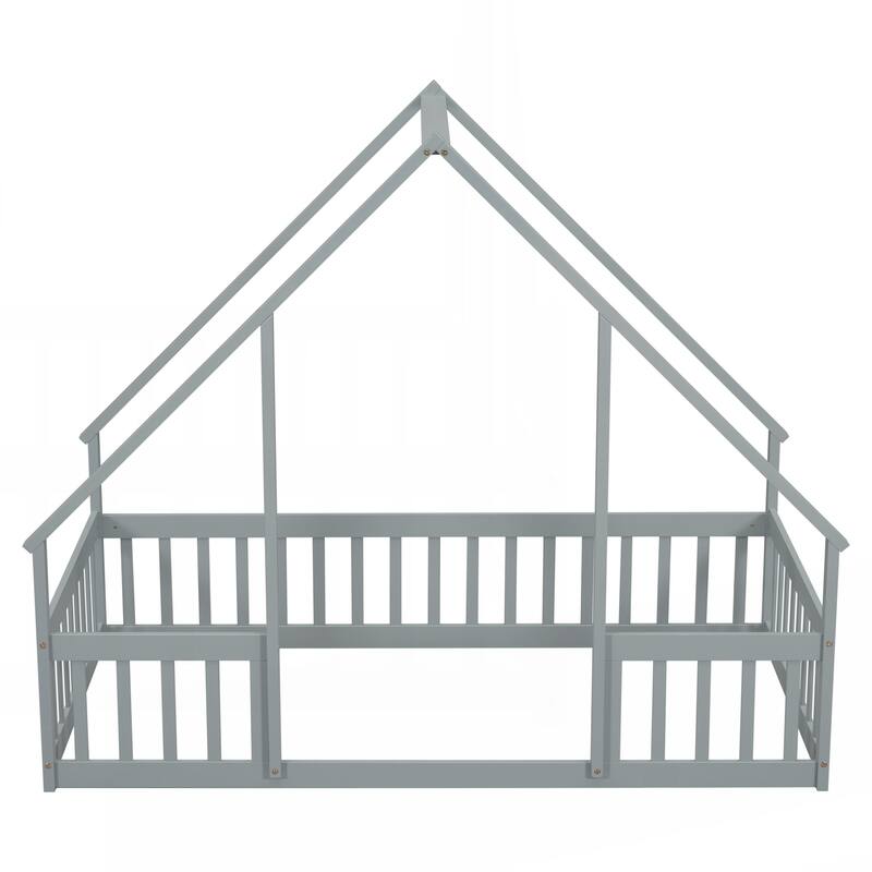 Twin Wood House-Shaped Floor Bed with Fence
