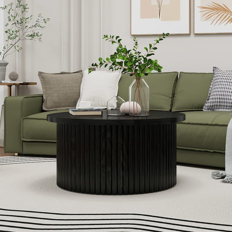 Round Coffee Table with Wood Grain Vertical Stripes, Small Fluted Circle Side Table, Center Table with Adjustable Feet
