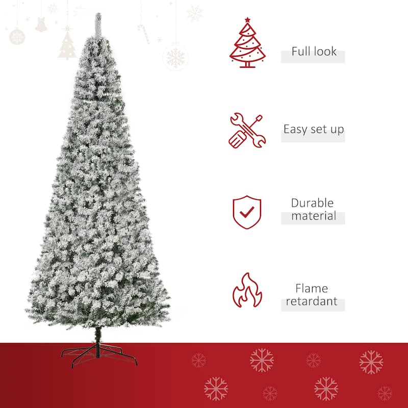 HOMCOM 6FT/7FT/9FT Slim Flocked Christmas Tree with Lights, Skinny Christmas Tree with Stand