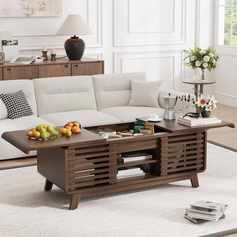 Gymojoy 47" Mid Century Modern Coffee Table with Sliding Door Storage, Walnut Center Table