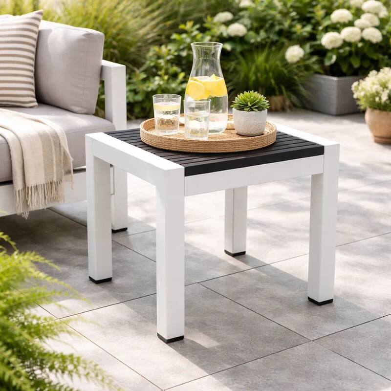 Josh 18 Inch Side End Table, Jet Black Polyresin Planks, Aluminum Frame