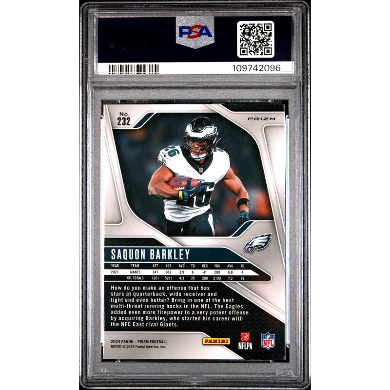 Saquon Barkley 2024 Panini Prizm Green Football Card #232 Graded PSA 10 Cert # 109742096 - 8' x 11'
