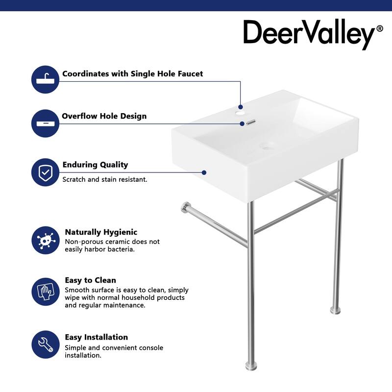 DeerValley 24" x 17'' White Rectangular Single Faucet Hole Console Bathroom Sink with Overflow