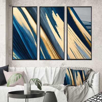 Designart "Bold Blue Brush Strokes I" Modern Spiral Framed Canvas Art Print - 3 Panels