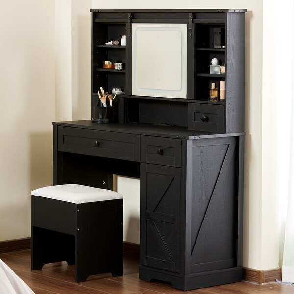 Farmhouse 42 Makeup Vanity Desk with lighted Sliding Mirror Tabletop Dresser 2 Drawers Shelves Stool Included. On Sale Bed Bath Beyond 39428865