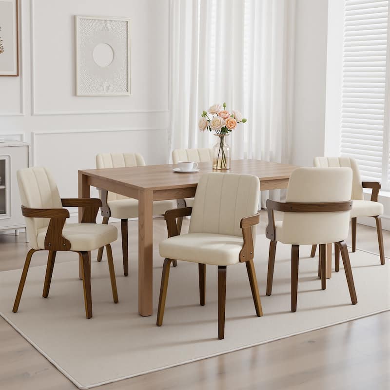Mid-century Modern Upholstered Dining Chairs Bentwood Side Chairs with Armrests - 34.3"H x 19.9"W x 22.1"D - Set of 6 - Beige