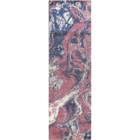 Artistic Modern Abstract Oriental Wool/ Silk Runner Rug Hand-knotted - 3'0" x 12'3"