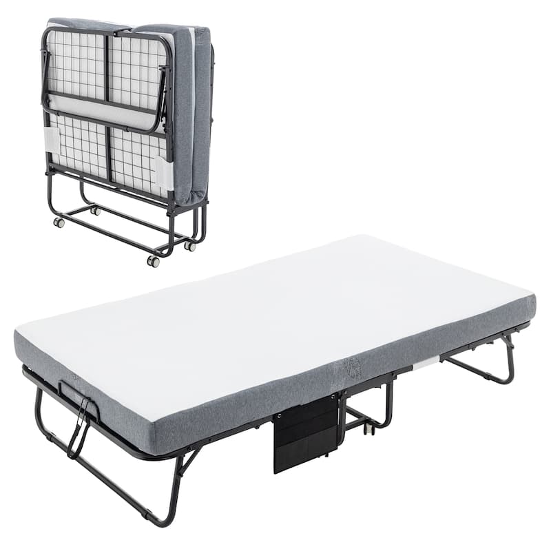 Twin XL Size Metal Frame Foldable Bed with Memory Foam Mattress and Wheels (350lb Capacity)