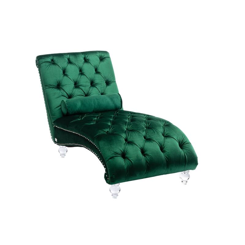 Velvet Tufted Chaise Lounge Chair Ergonomic S Shape Recliner with Pillow, Nailhead Trim and Acrylic Legs for Indoor Use