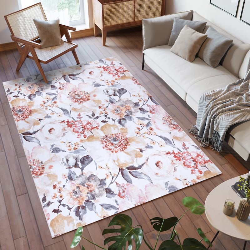 Gertmenian Crystal Print Washable Digital Printed Flat Pile Polyester Slip Resistant Area Rug Collection - 5' x 7' - Flora Beige