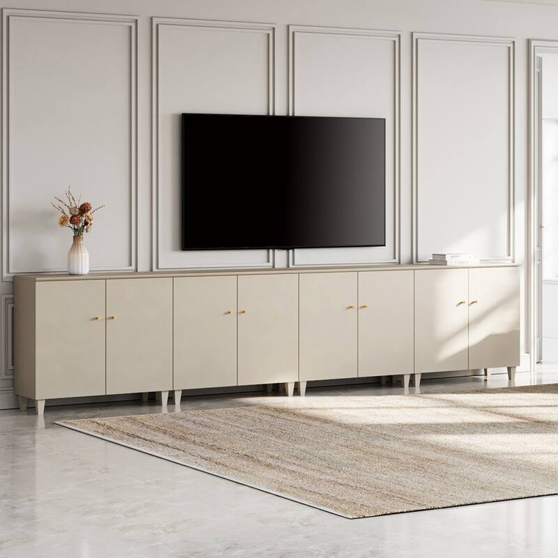 WAMPAT Modern TV Stand, Tall Entertainment Center with Doors - 141.6 Inches in Width - Beige Grey Faux Linen