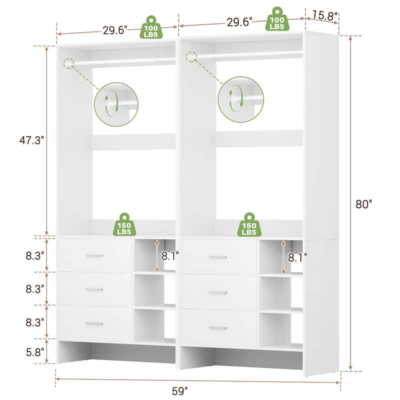 Cimly 30'' W Freestanding Closet Sytem with Hanging Rod, Closet Organizer with Drawers and Shelves