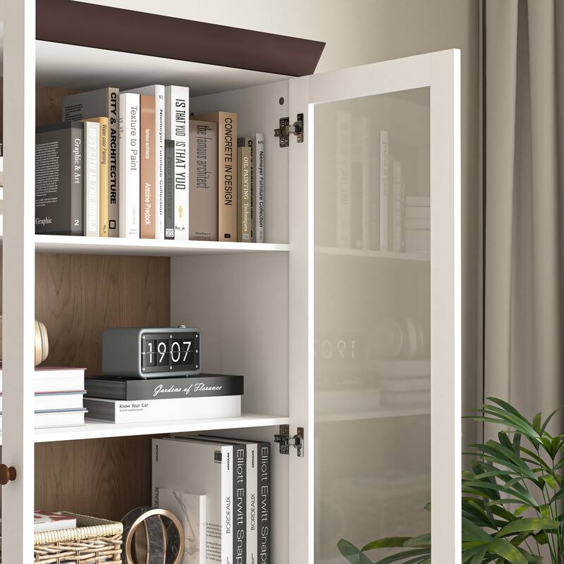White MDF Display Storage Cabinet,Tall Kitchen Pantry Cabinets with Glass Doors and Adjustable Shelves,Freestanding
