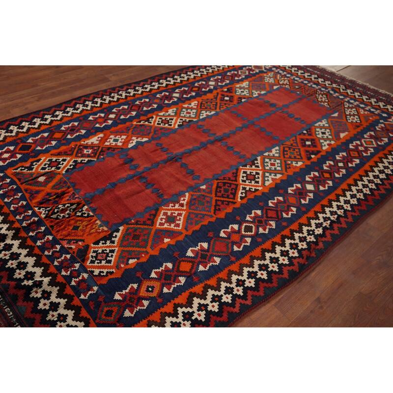 Vegetable Dye Kilim Qashqai Persian Vintage Hand-Woven Wool Carpet - 5'4"x 8'8"