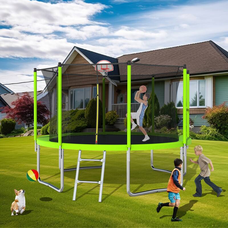 12FT Trampoline Green for Kids Adults with Basketball Hoop and Ball, Recreational Trampolines with Safety Enclosure for Yard