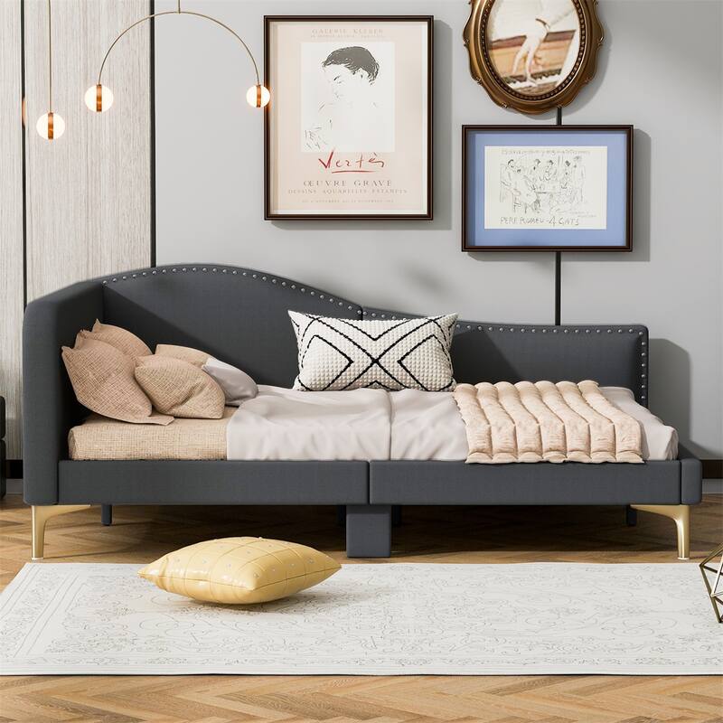 Full Size Upholstered Daybed with Headboard and Armrest,Support Legs - Grey