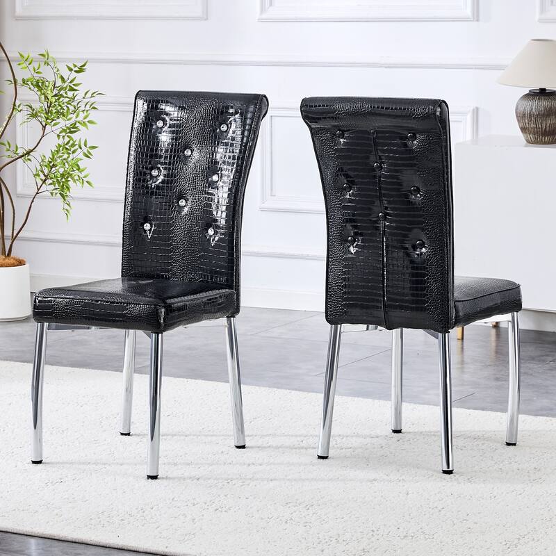 Set of 2 Retro alligator skin Upholstered dining chairs,with Crystal buckle design and Faux Leather design, metal legs