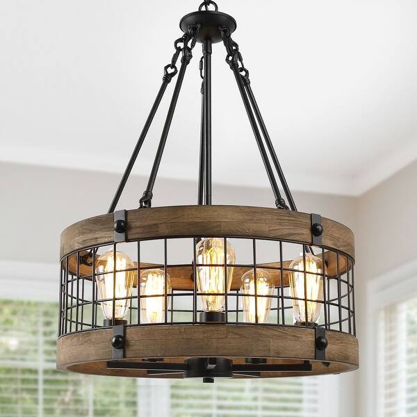 slide 2 of 9, Farmhouse 5-Light Wood Drum Chandelier for Dining Room Kitchen Island