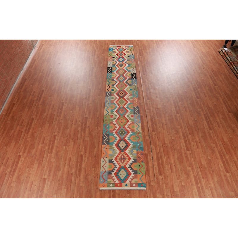 Hand Woven Oriental 100% Wool Carpet Southwestern Geometric Multi-Colored Kilim Runner Rug - 16' 2'' X 2' 10''