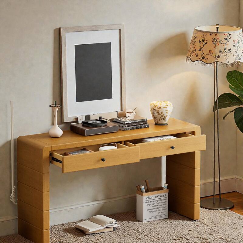 Curved Farmhouse Console Table with Storage, Wooden Entryway Table with 2 Drawers for Hallway