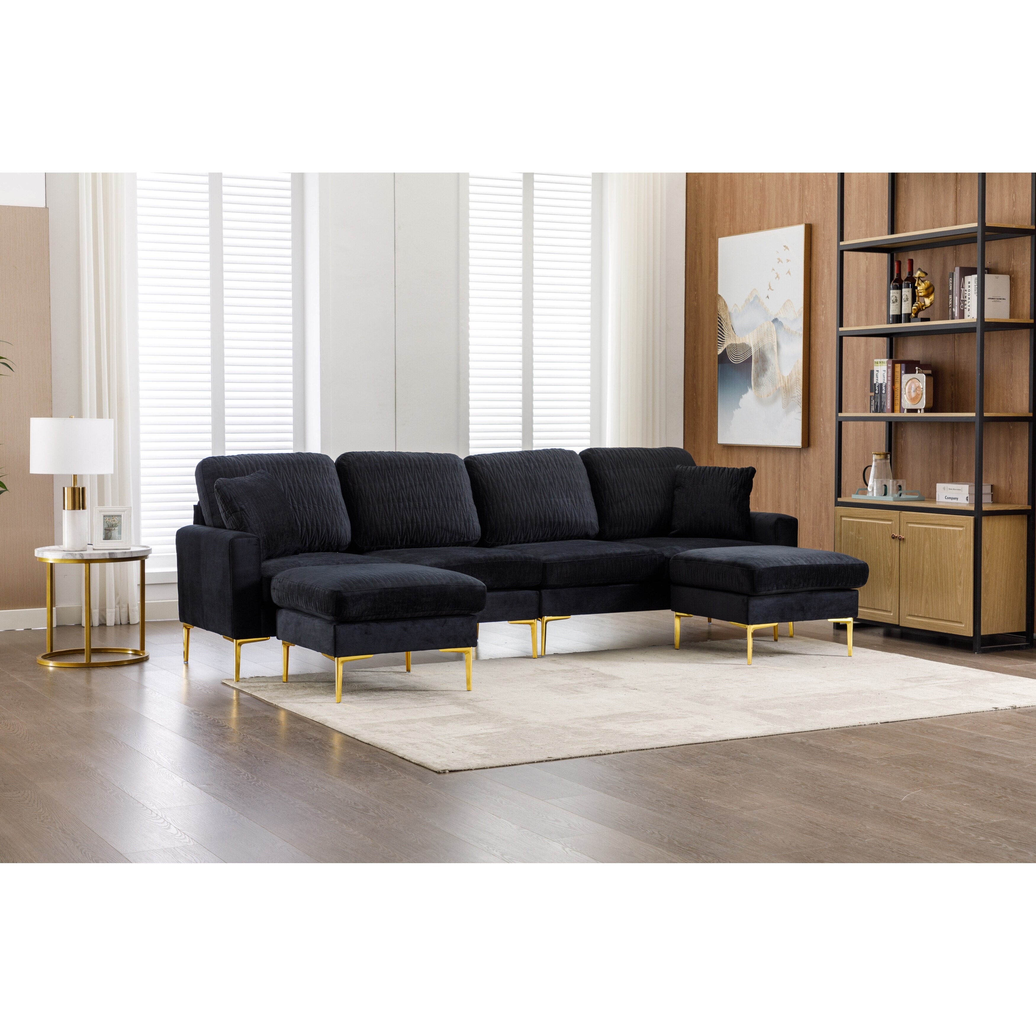Black Modern Velvet Upholstered Large UShape Sectional Sofa with 2