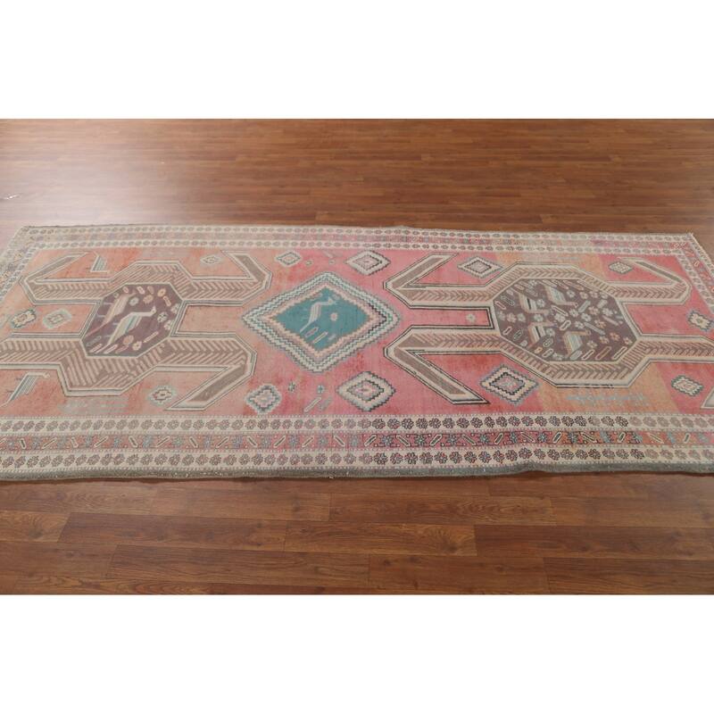 Geometric Ardebil Persian Vintage Runner Rug Hand-Knotted Wool Carpet - 4'4" x 9'6"