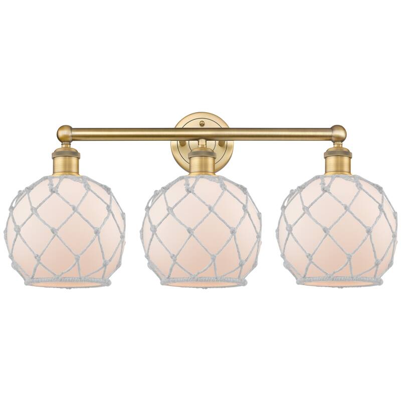 Innovations Lighting Endless Possibilities Edison - Farmhouse Rope - 3 Light 26" Bath Vanity Light - Brushed Brass/White Glass with White Rope