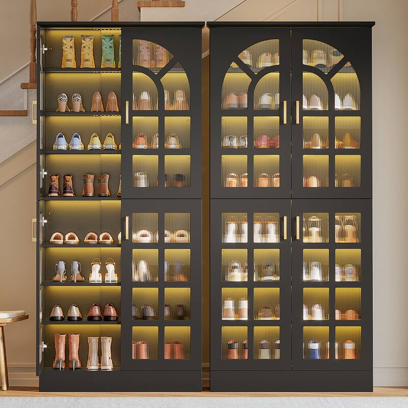 8-Tier Tall Shoe Storage Cabinet with Doors, Led Lights and Adjustable Shelves for Entryway, White