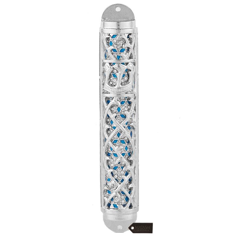 Matashi Hand Painted Enamel 7'' Mezuzah Embellished with Hebrew Shin & Crystals Home Door Wall Decor Housewarming Present Gift